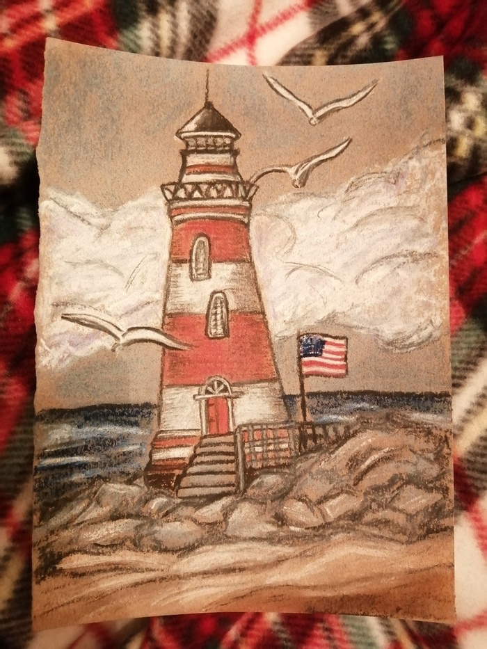 Lighthouse - My, Lighthouse, Pastel pencils, Pastel, Dry pastel, Drawing, Seagulls, Sea, Shore