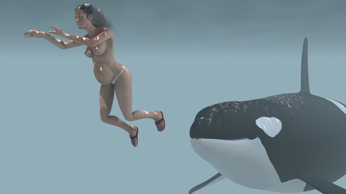 Woman and killer whale. - NSFW, My, Under the water, Female, Killer whale, Computer graphics, Render, Women, Render