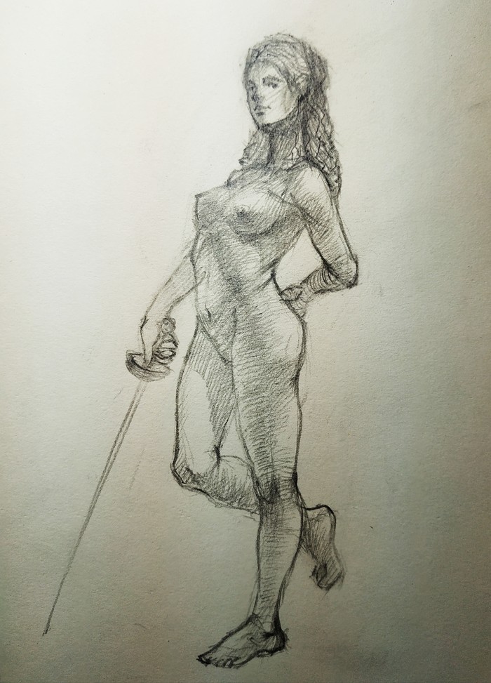 Model with rapier - NSFW, My, Pencil drawing, Rapier, Drawing