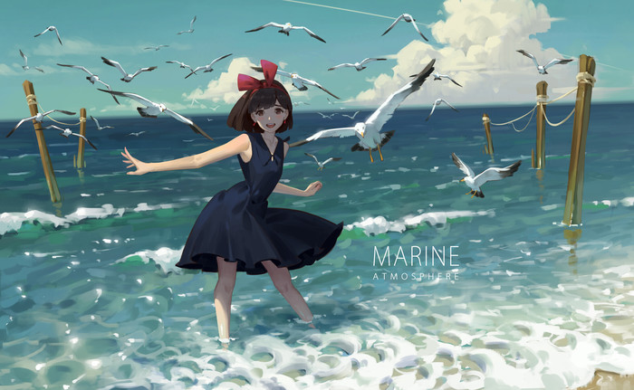 Sea - Art, Anime art, Drawing, Girls, Sea, Seagulls