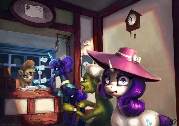 At The Post Office My Little Pony, Rarity, Derpy Hooves, Granny Smith, Princess Luna, Nemo2d