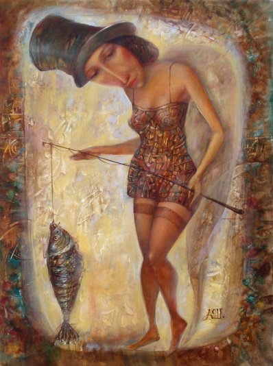 Fisherwoman. Catch. Fishing. Lucky catch. - My, Fishing, A fish, Shabanov, Canvas, Butter, Painting, Postmodernism, Longpost