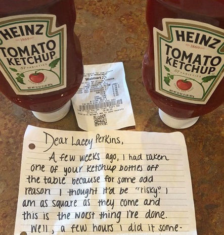 The thief returned the stolen ketchup with a note about how he was brutally overtaken by karma - Thief, Theft, Karma, Ketchup, USA, A restaurant, Theft