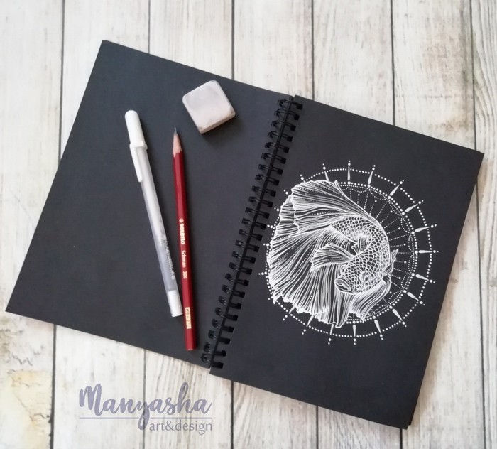 Fish of my dreams - My, Graphics, Creation, Drawing, A fish, Animalistics, Pen drawing, Black paper