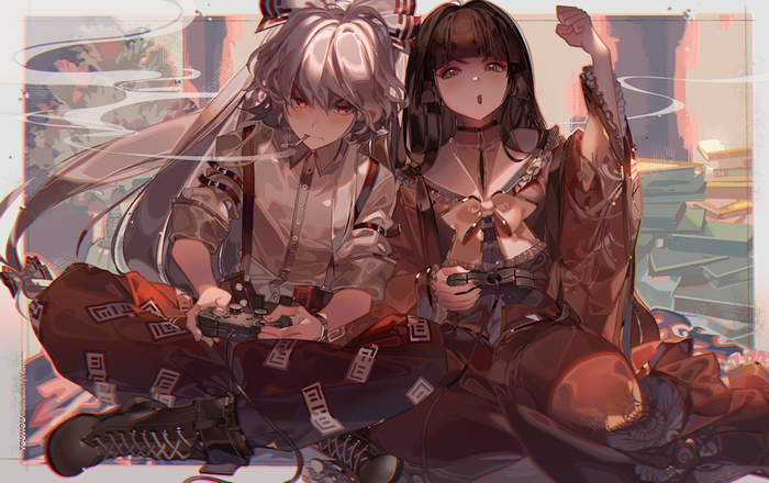 Love is war , Anime Art, Touhou, Fujiwara no Mokou, Houraisan Kaguya, Kawacy