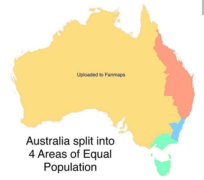 Разделение Австралии на 4 части с равным населением Карта мира, Население, Австралия