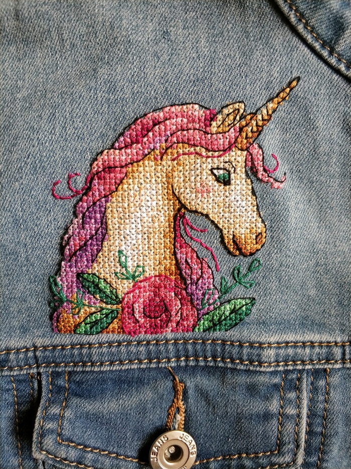 Unicorn cross stitch on denim - My, Needlework with process, Cross-stitch, Embroidery, Longpost