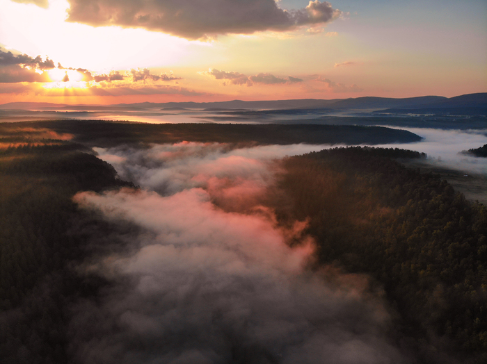 Aisky pristes, Chelyabinsk region - My, Chelyabinsk, Drone, Quadcopter, Travels, Travel across Russia, View from above, Morning, Fog, Video