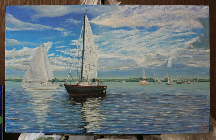 Canvas, oil - My, Sailboat, Landscape, Painting, Oil painting, Painting, Regatta, Volga river, Volga, River