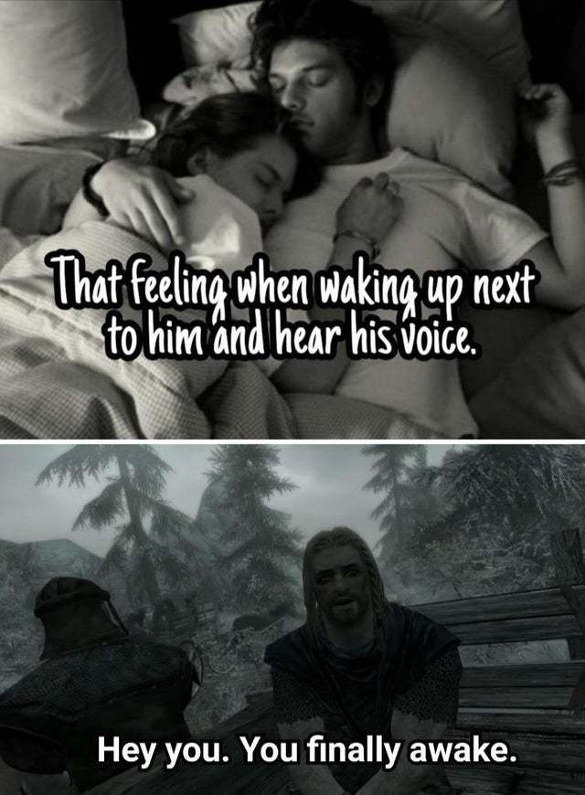 That feeling when you wake up next to him and hear his voice - Reddit, Skyrim, Games, Relationship