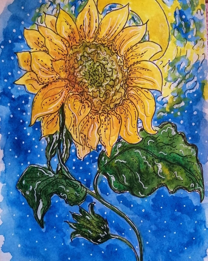 Sunflowers inspired by Van Gogh - My, Watercolor, van Gogh, Sunflower, Sketch, Longpost, Drawing, Painting, Flowers