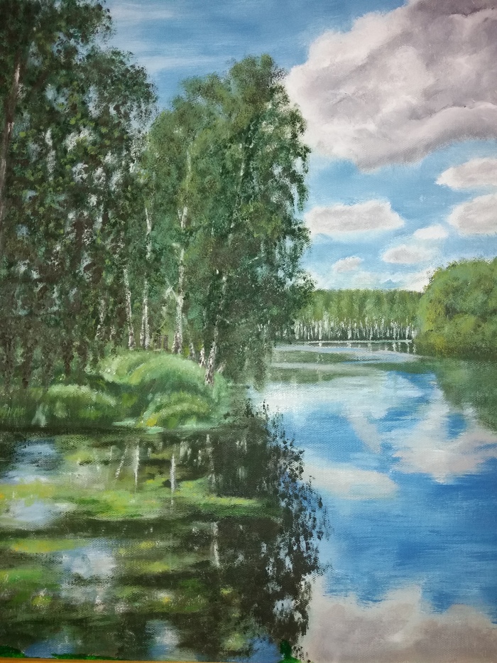 Birch Grove - My, Oil painting, Painting, Painting, Landscape, Nature, Water, Grove, 