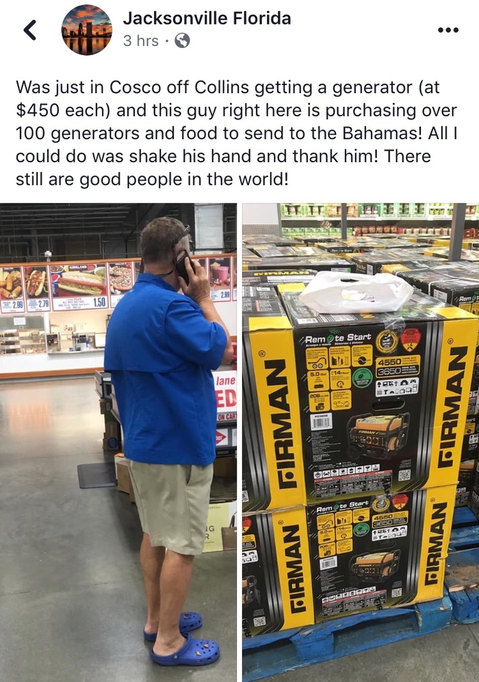 A man bought 100 electric generators ($450 each), food for his own money and sent everything to the victims of the Bahama hurricane. - Help, Hurricane, , Bahamas, Nobility, Picture with text, 