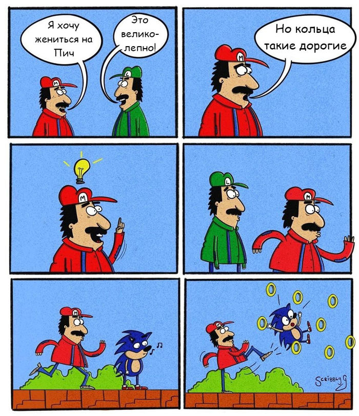 Where to get rings - Scribbly g, Comics, Translated by myself, Super mario, Sonic the hedgehog, Luigi, Mario, Crossover