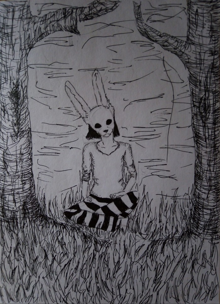 Black pen - My, Drawing, Hare, Person, Forest