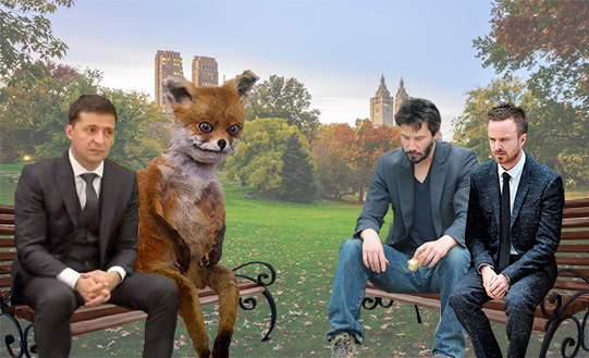 Will I sit here with you? - My, Vladimir Zelensky, Stoned fox, Keanu Reeves, Bench