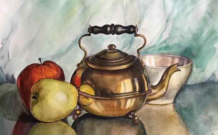 Акварелька с антикварным чайничком