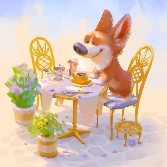 Tea drinking - Art, Drawing, Corgi, Mouse, Tea drinking, Dog, , Lynn Chen