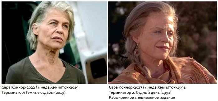 Sarah Connor-2022 vs Sarah Connor-2027 - Terminator 2: Judgment Day, Terminator: Dark Fate, Sarah Connor, Linda Hamilton, Makeup, Age