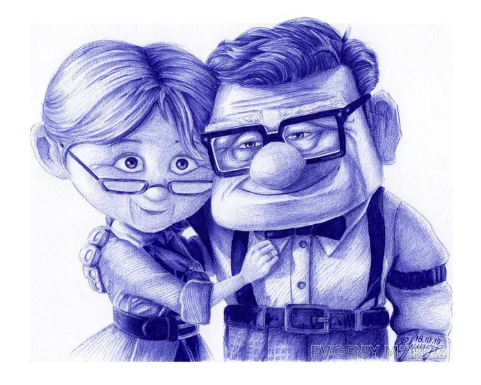 Carl and Ellie, Up. - My, Drawing, Graphics, Longpost, Up, Cartoons, Creation, Portrait