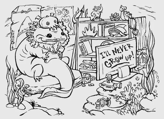 I'll never grow up! - My, Axolotl, Geek Culture, Geek, Lineart, Coloring, Referral, Art, Sketch