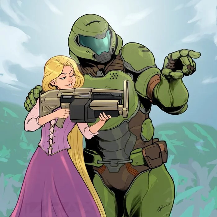 Of course the frying pan is a thing, but... - Art, Rapunzel, Doomguy, Cartoons, Rapunzel Tangled, Computer games, Doom, Crossover