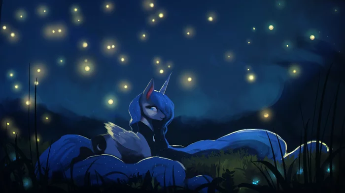 Светлячки - My Little Pony, Princess Luna, Светлячки, Ночь, 1920x1080, Hierozaki