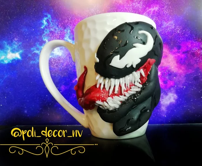 Venom mug - My, Marvel, Marvel Universe, Polymer clay, Handmade, Video, Venom, Mug with decor