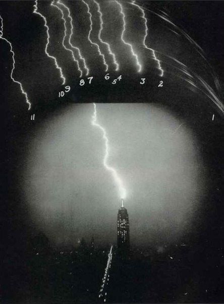 The eye sees one lightning bolt, but the camera recognizes eleven separate flashes. National Geographic, 1950 - From the network, Lightning, The photo