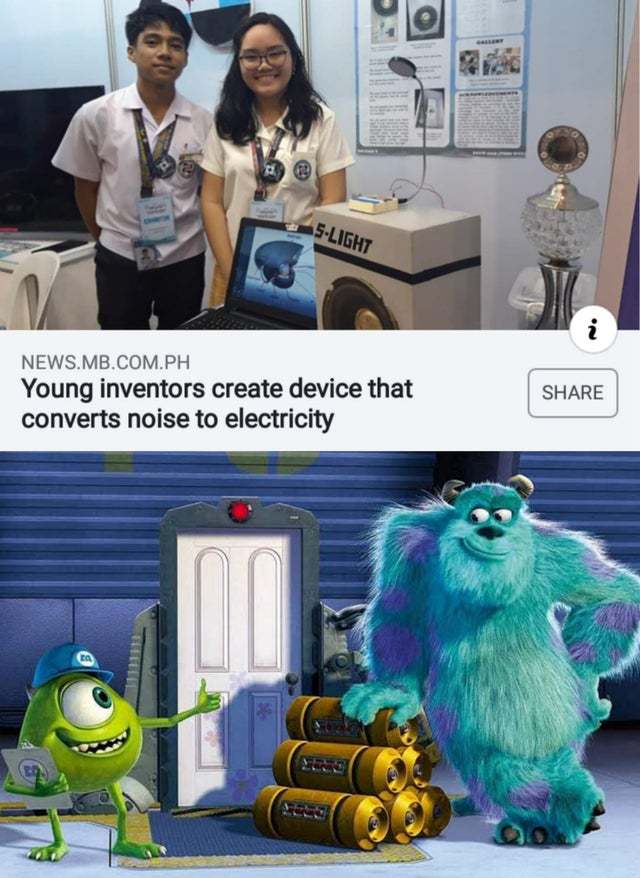 Young inventors have created a device that converts noise into electricity - Reddit, Inventors, Noise, Electricity, Monsters, Inc