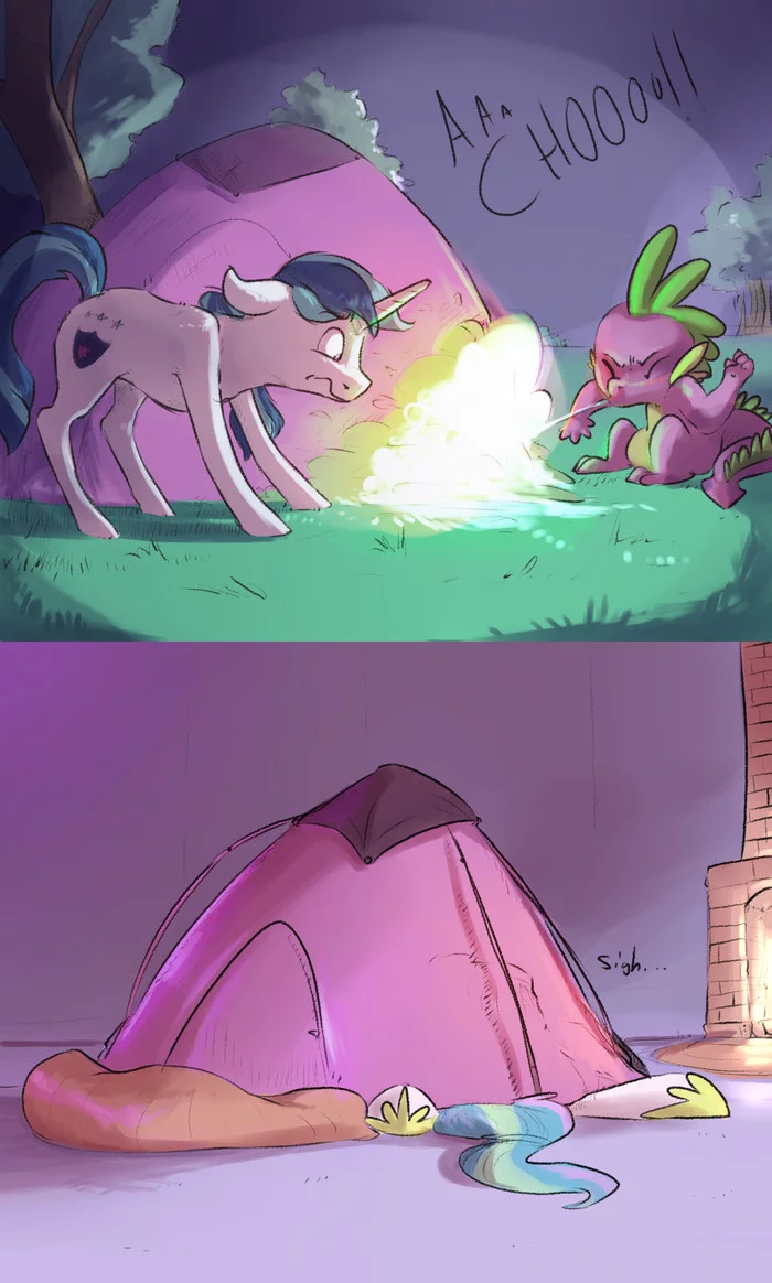 Spike, a tent, and an uncontrollable sneeze - My little pony, Spike, Shining armor, Princess celestia, Imsokyo