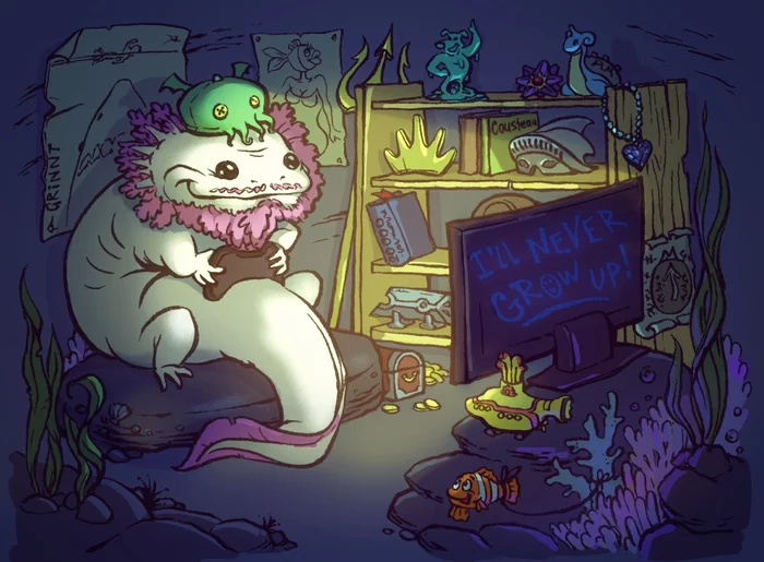 I'll never grow up! Part 2. - My, Axolotl, Geek, Gamers, Axolotl, Referral, Art, Video, Longpost