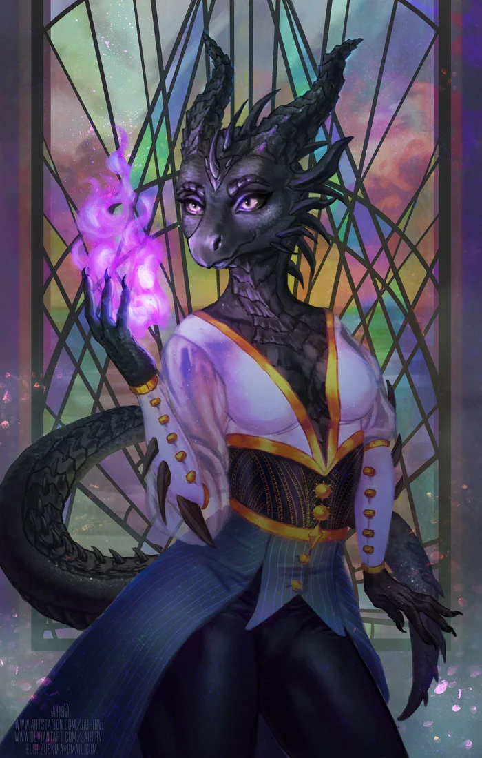 Magic fire - My, The Dragon, Furry, Anthro, Drawing, Portrait, Magic, Stained glass, Jaihirvi