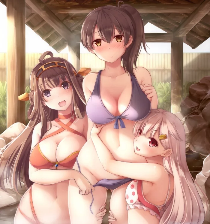 Kongou, Kaga & Yuudachi - NSFW, Kantai Collection, Kaga, Kongou, Yuudachi, Купальник, Anime Art, Аниме, Арт