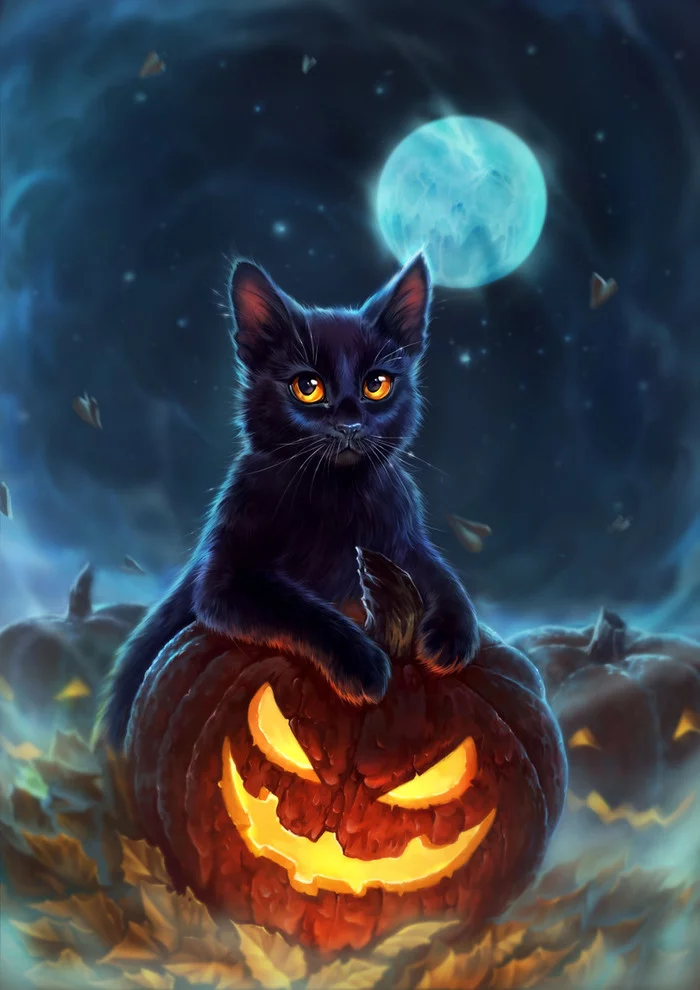 cat - Art, Drawing, Black cat, cat, Pumpkin, Halloween, Kate Zhbanova