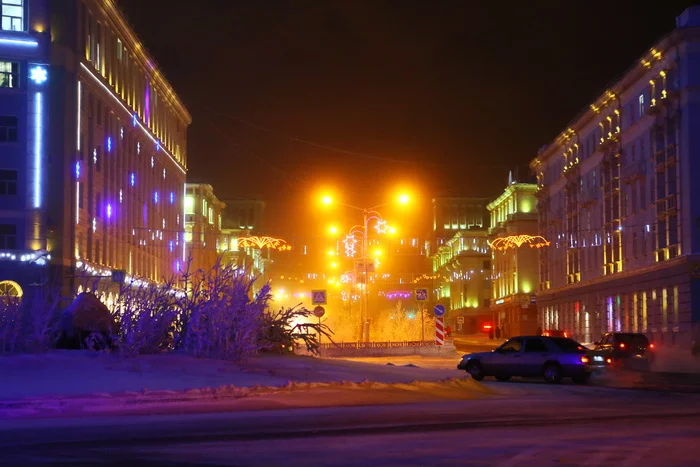 Nights of Norilsk. City lights - My, Norilsk, northern city, Town, Russia, city ??lights, polar night, beauty, Winter, Longpost