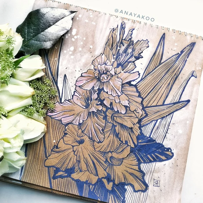 Gladiolus - My, , Liner, Plants, Gladiolus, Sketch, Sketchbook, Art, Graphics, Marker