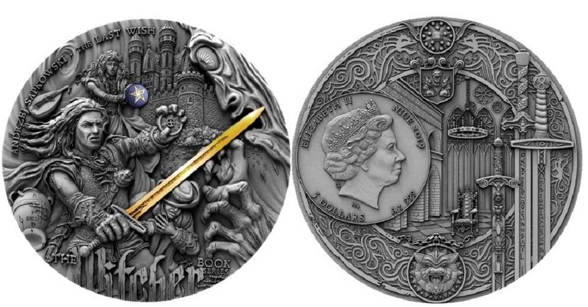 Чеканка первой в мире монеты 5 класс. Чеканная монета Ведьмак. Монета Ниуэ 5 долларов. Серебряные монеты Ведьмак. Монета чеканка Ведьмак.
