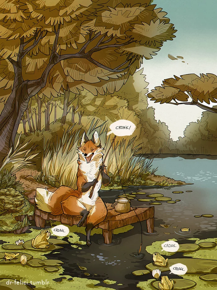 Kwa! - Art, Anthro, Fox, Frogs, Kilovolt-ampere, Fishing, Drfelici