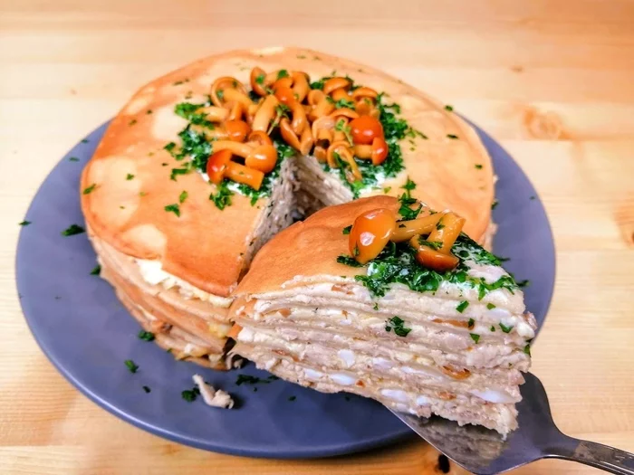 Recipe for chicken pancake cake with mushrooms - My, Cooking, Recipe, Snack, Other cuisine, pancake cake, Yummy, Festive table, Video, Longpost, Video recipe