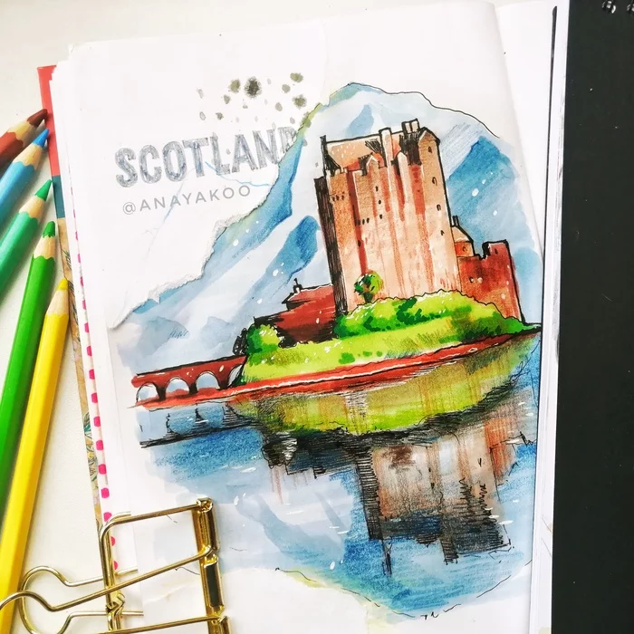 Scotland - My, Scotland, Lock, Lake, Middle Ages, Sketch, Sketchbook, Architecture, Alcohol markers