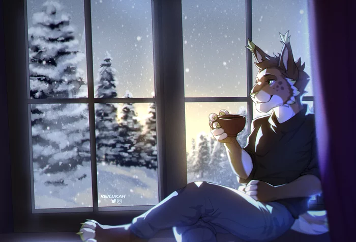 Snow day - Фурри, Furry Art, Furry Feline, Furry Lynx, Окно, Снегопад, Reilukah