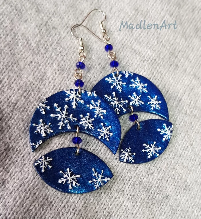New Year's Eve, shimmering earrings with voluminous snowflakes. - My, Creation, New Year, Handmade, Decoration, Snow, Earrings, Polymer clay, Needlework without process