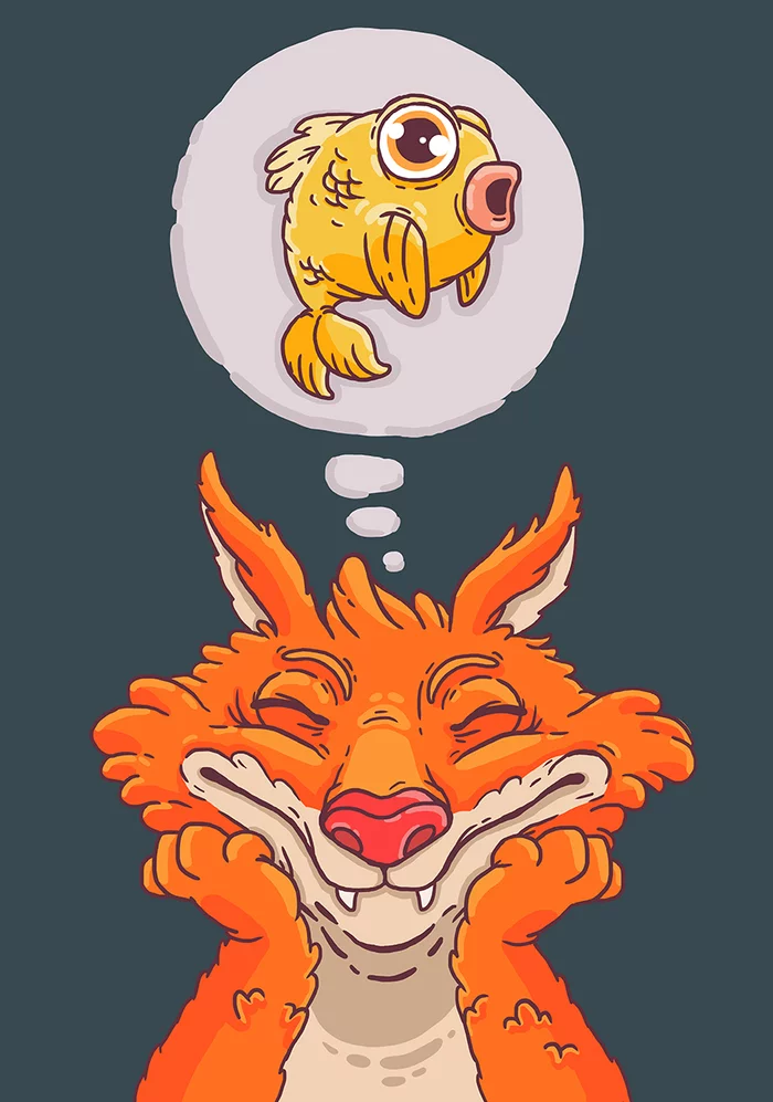 Dreams of a goldfish - My, Beaver draws, Fox, Goldfish, Digital drawing, Character Creation, Longpost