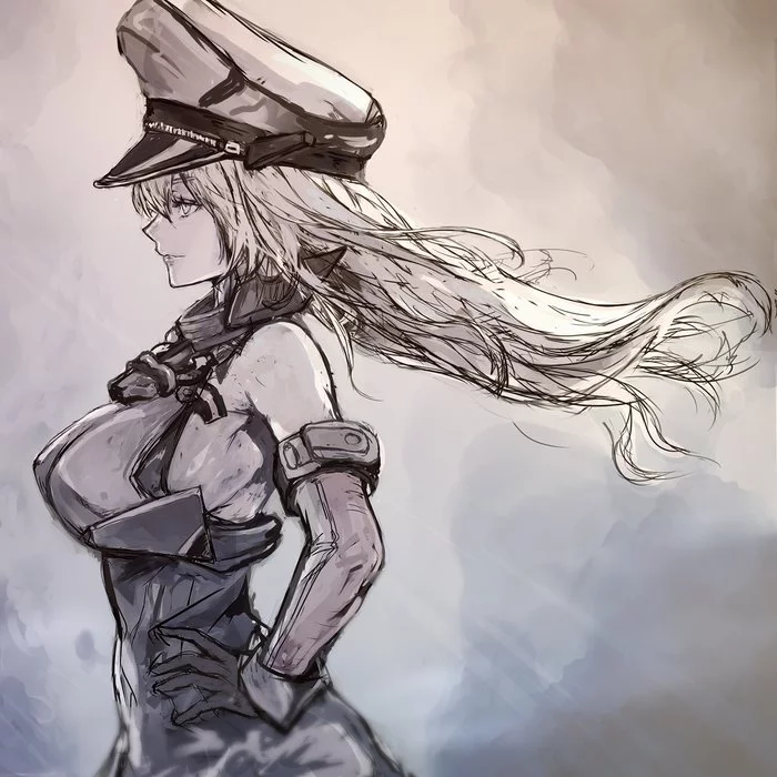 Bismarck - Kantai collection, Anime, Anime art, Bismarck, Monochrome