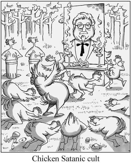 Chicken satanic cult - KFC, Hen, Cult, Adoration, Colonel Sanders, 9GAG, Picture with text