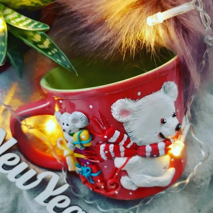 New Year's mug... - My, Polymer clay, New Year, Presents, Needlework without process, Handmade, Longpost