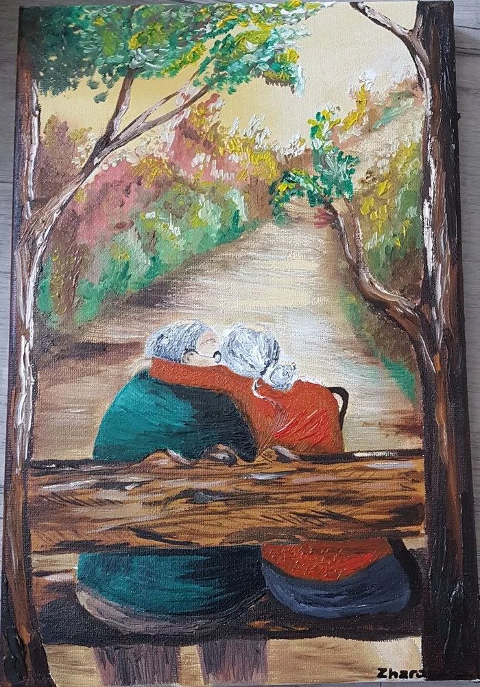 Couple in the park - My, Pair, The park, Painting, Butter, Longpost