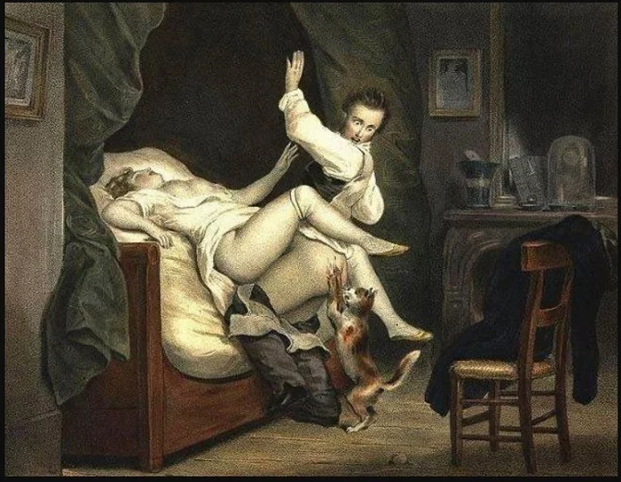 Nicolas Francois Octave Tassaert, The Jealous Cat - NSFW, cat, Painting, 18 century, France, Art, Bummer