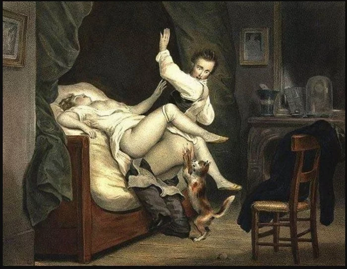 Nicolas FranГ§ois Octave Tassaert, The Jealous Cat - NSFW, cat, Painting, 18 century, France, Art, Bummer